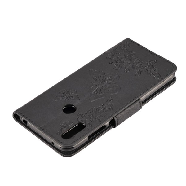 Huawei Y6 2019 sommerfugleprint på lædercover - sort Black