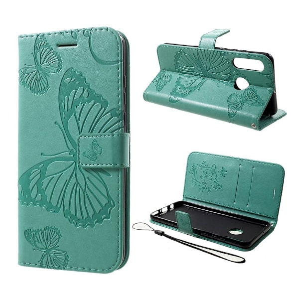 Huawei P30 Lite aftryk Sommerfugl læder etui - Cyan Green