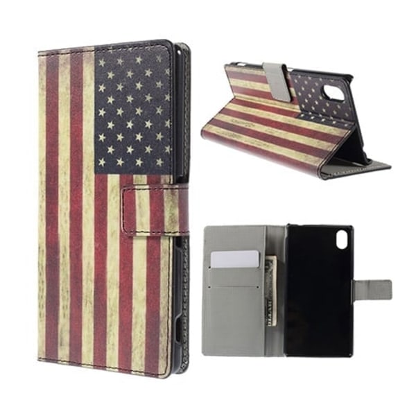 Moberg Sony Xperia M4 Aqua Nahkakotelo Korttitaskuilla - Vintage USA Lippu Multicolor