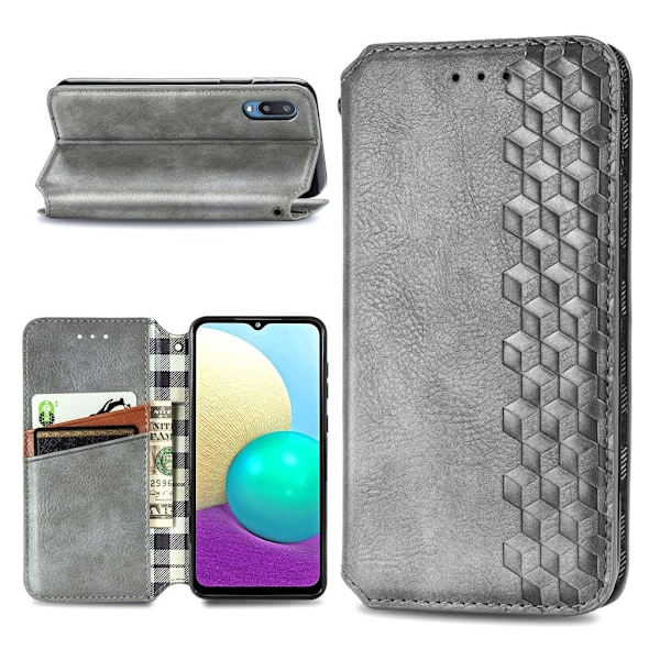 Läder Samsung Galaxy A02 fodral med romb-design - Silver/Grå Silvergrå