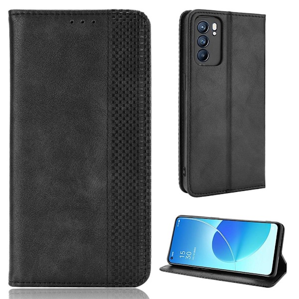 Bofink Vintage Oppo Reno6 5G Nahkakotelo - Musta Black