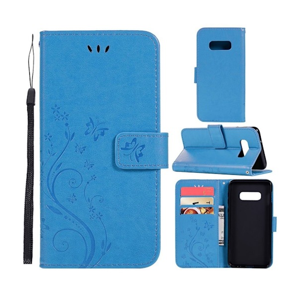 Samsung Galaxy S10 Plus  sommerfugle- og blomstertryk læder flip etui - Blå Blue