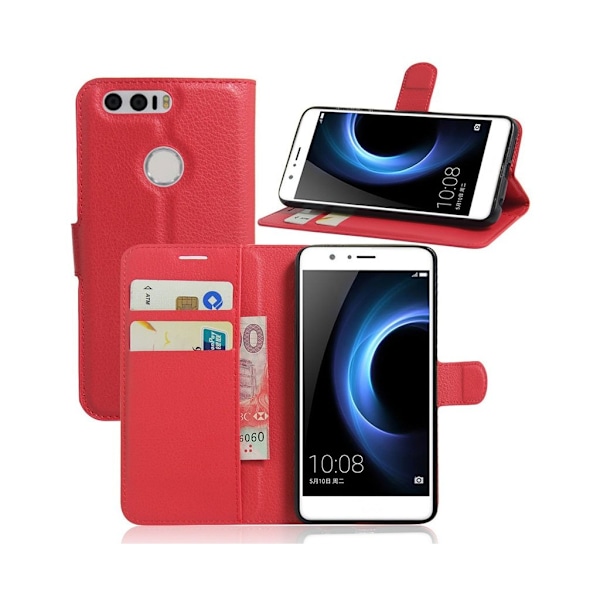 Mankell Huawei Honor 8 Litsi Pintainen Nahkakotelo - Punainen Red