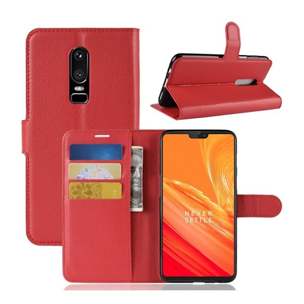 Oneplus 6 beskyttelsesetui i kunstlæder med Litchi overflade. Med stativ og kortlommer - Rød Red