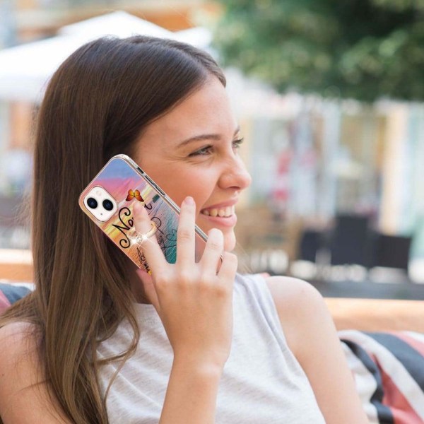 Marble Patterned Suojakuori With Ring Holder For iPhone 14 - Never Stop Dreaming Multicolor