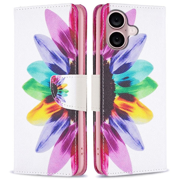 Wonderland iPhone 16 Plus flip kuoret - Auringonkukka Multicolor