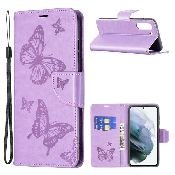 Butterfly Samsung Galaxy S21 FE Flippetui - Lilla Purple