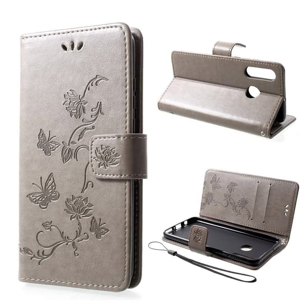 Huawei P30 Lite Skinnetui Med Sommerfugl Og Blomster Trykk - Grå Silver grey
