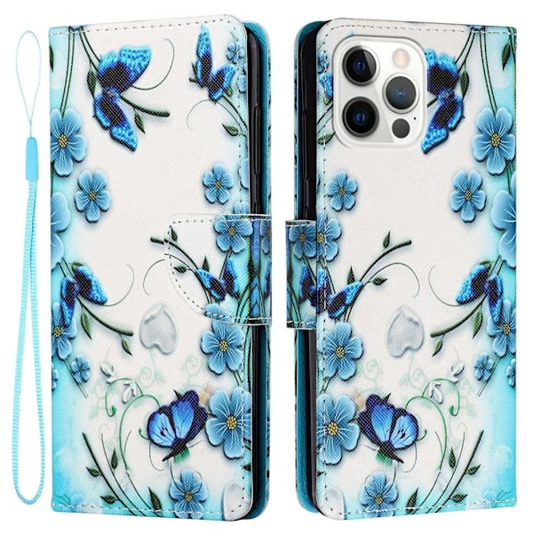 Wonderland iPhone 14 Pro Flippetui - Blå Blomst Sommerfugl Blue