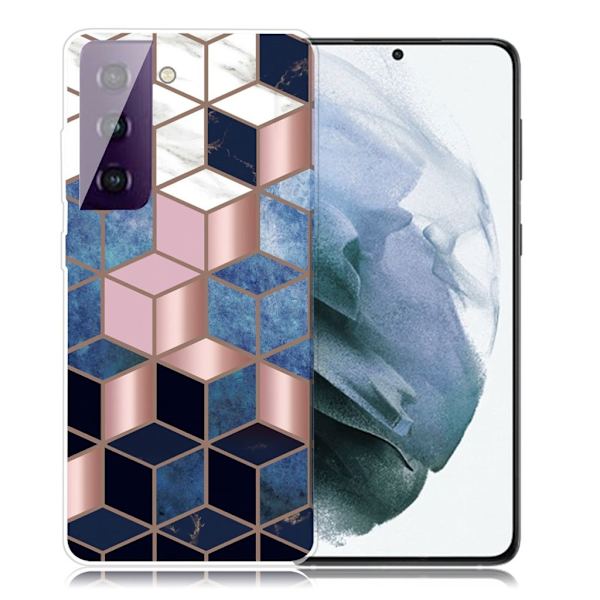 Marble Samsung Galaxy S21 Plus Etui - Blå / Gull Terning Blue