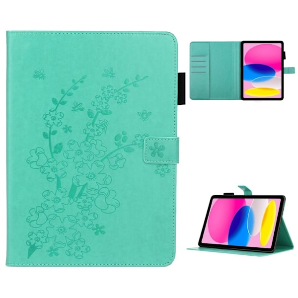 iPad 10.9 (2022) luumun kukka kuvio nahkakotelo - Vihreä Green