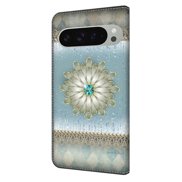 Google Pixel 9 Pro XL plånboksfodral mönstrat tryck stativ läder flip telefonskal - Blå Diamantblomma Blå