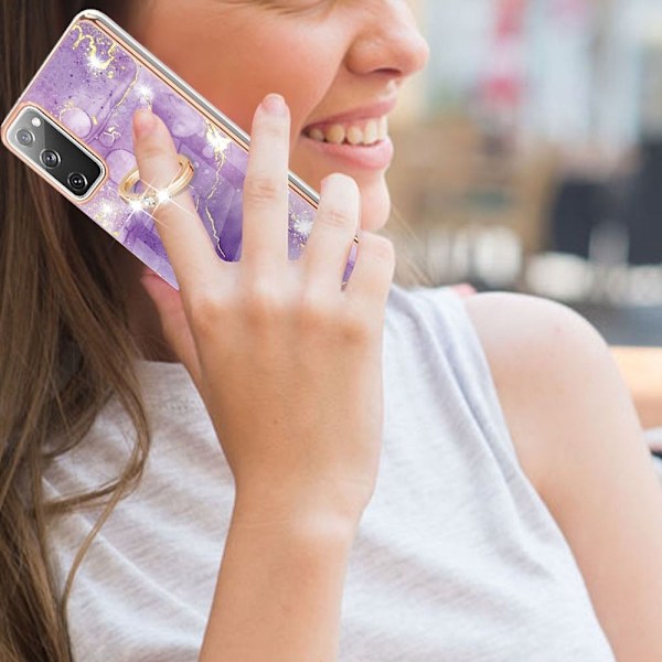 Marble Patterned Suojakuori With Ring Holder For Samsung Galaxy S20 Fe 2022 / S20 Fe 5g - Vihreä And Keltainen Marble Haze Purple