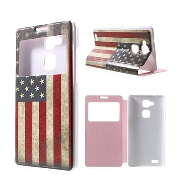 Moberg View Huawei Ascend Mate7 Läder Flip Fodral - Vintage USA Flagga multifärg