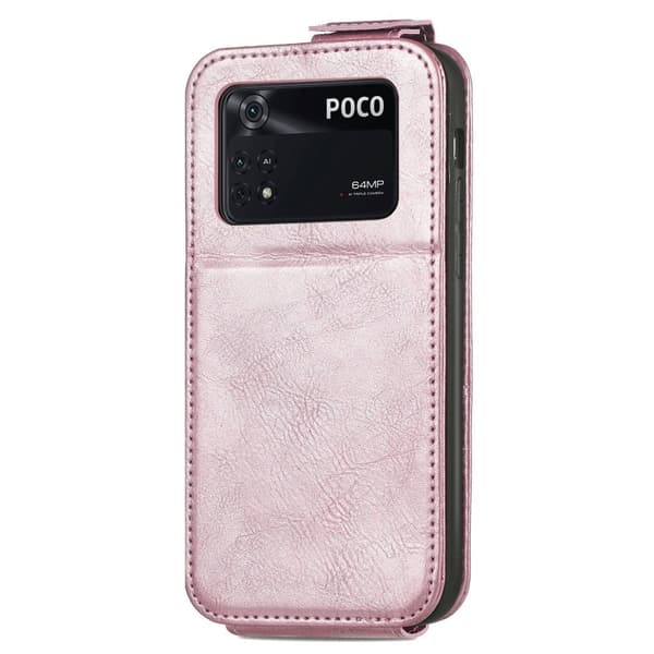 Vertical Flip Phone Etui med Zipper til Xiaomi Poco M4 Pro - Rose Gull Pink