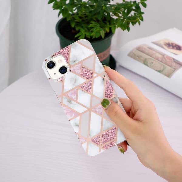 Marble iPhone 15 Plus Suojakotelo - Electroplated Pinkki Marble Pink