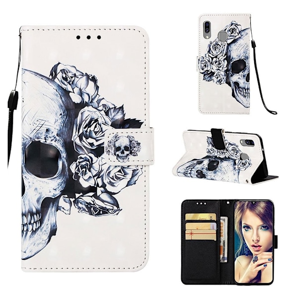 Samsung Galaxy A40 mønstret lædercover - kranie og rose Multicolor
