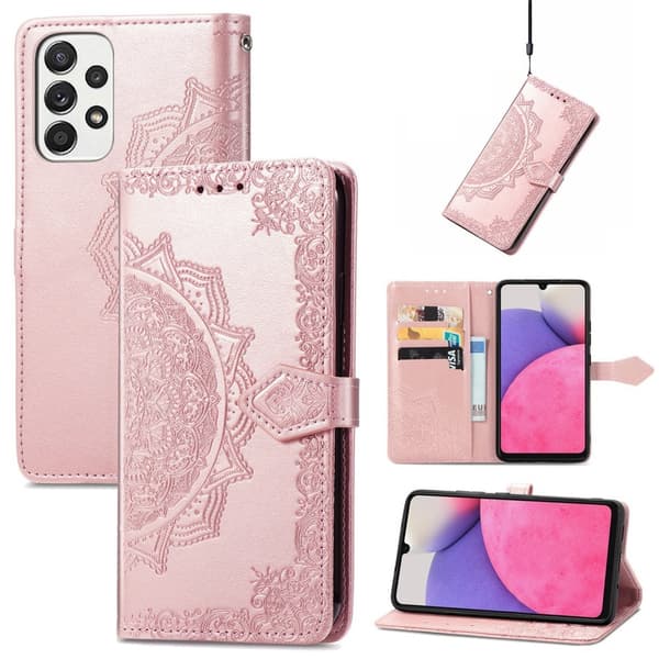 Mandala Samsung Galaxy A73 nahkakotelo - Ruusukulta Pink
