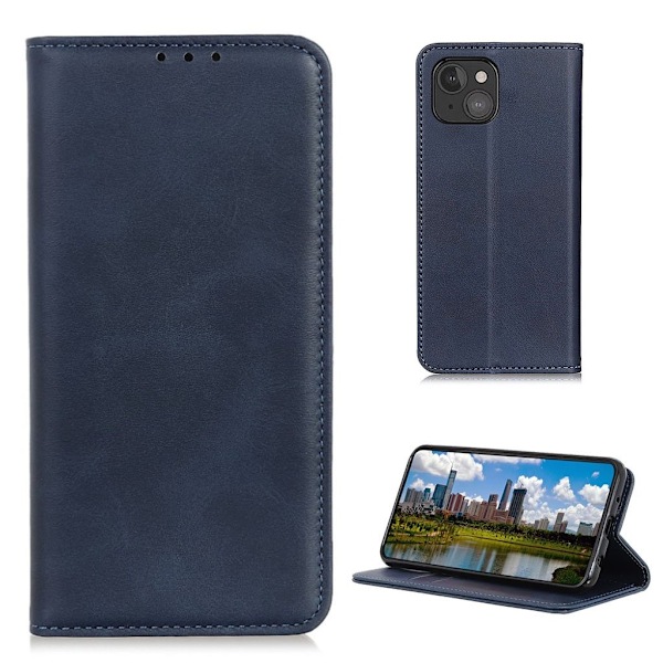 iPhone 13 Mini flip etui i ægte læder med pung – Blå Blue