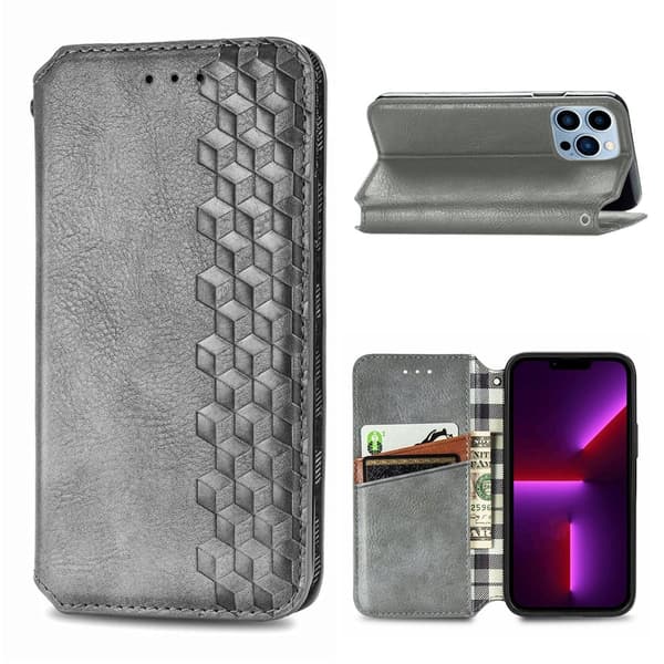 Nahkakotelo With A Stylish Rhombus Imprint For iPhone 13 Pro Max - Harmaa Silver grey