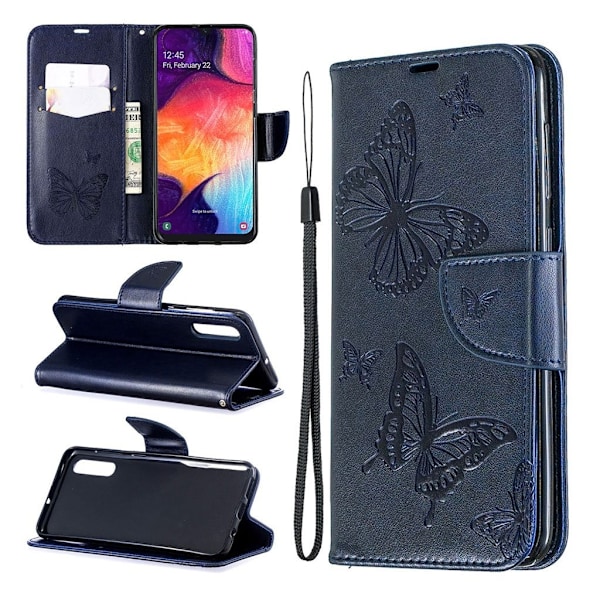 Butterfly läder Samsung Galaxy A50 fodral - Blå Blå