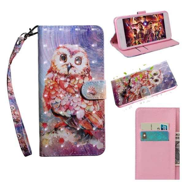 Huawei P Smart 2019 lysspot dekoreret læder flip etui - Ugle Multicolor