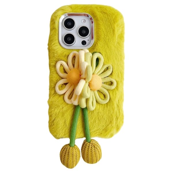 iPhone 16 Pro Max Case Two Flowers Decor Outer Fluffy Plush Inner Flexible Phone Cover - Green Green