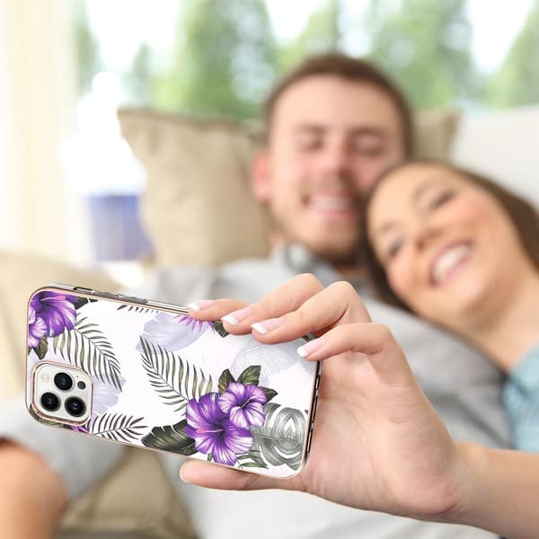 Marble Patterned Suojakuori With Ring Holder For iPhone 14 Pro Max - Purple Flowers Purple