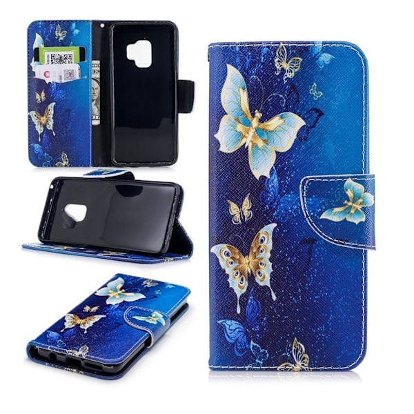 Samsung Galaxy S9 Printet Mønster PU læder flip etui - Guld og blå Sommerfugl Multicolor