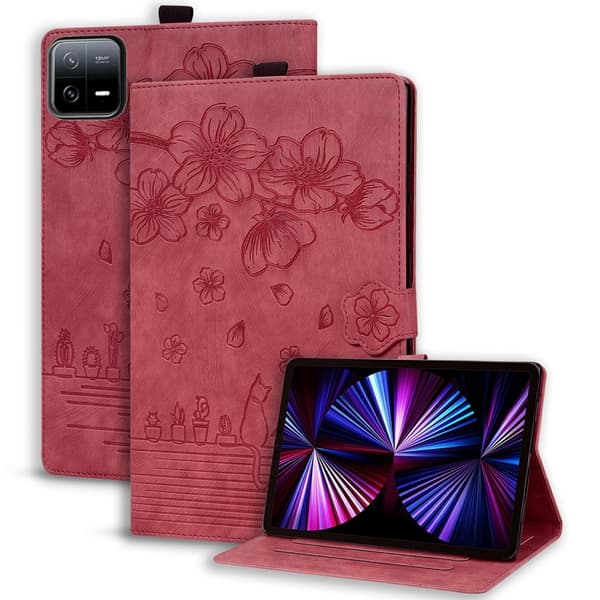 Xiaomi Pad 7 Case Flip Stand Leather Phone Cover Cherry Blossom Cat Imprinted - Rød Red