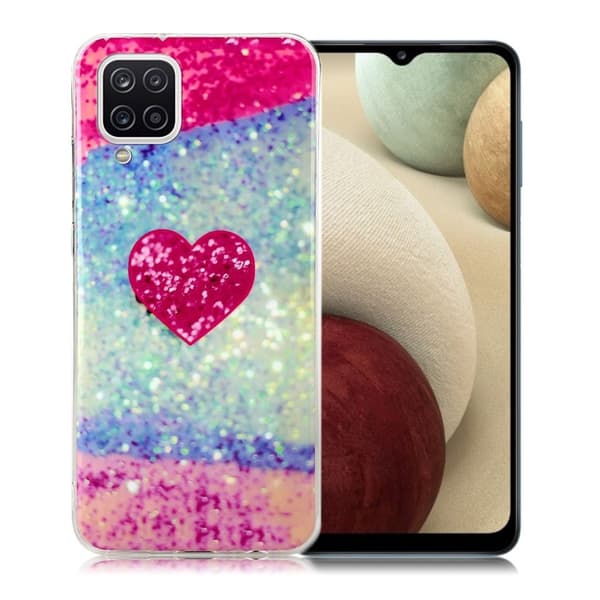 Marble Samsung Galaxy A12 5G Etui - Hjerte i Farverig Shimmer Pink
