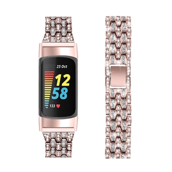 Fitbit Charge 5 triple row rhinestone watch strap - Pink + Gold Rosa