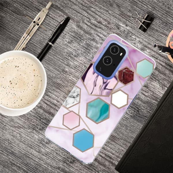 Marble OnePlus 9 Pro Etui - Sekskant Fragmenter i Lilla Multicolor