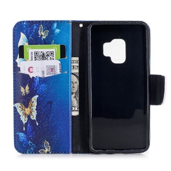 Samsung Galaxy S9 Printet Mønster PU læder flip etui - Guld og blå Sommerfugl Multicolor