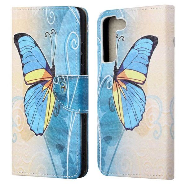 Wonderland Samsung Galaxy S22 Ultra Flip Etui - Blå Sommerfugl Blue