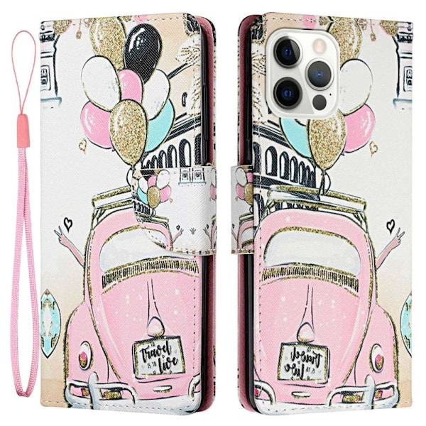 Vegansk lædermønstertryk til iPhone 14 Pro Max, Cross Texture Stand Wallet Folio Flip Phone Cover med håndrem - Bil Pink