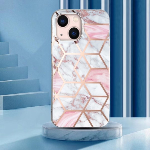 Marble iPhone 15 Plus Etui - Rosa / Hvit Klinkekule Pink
