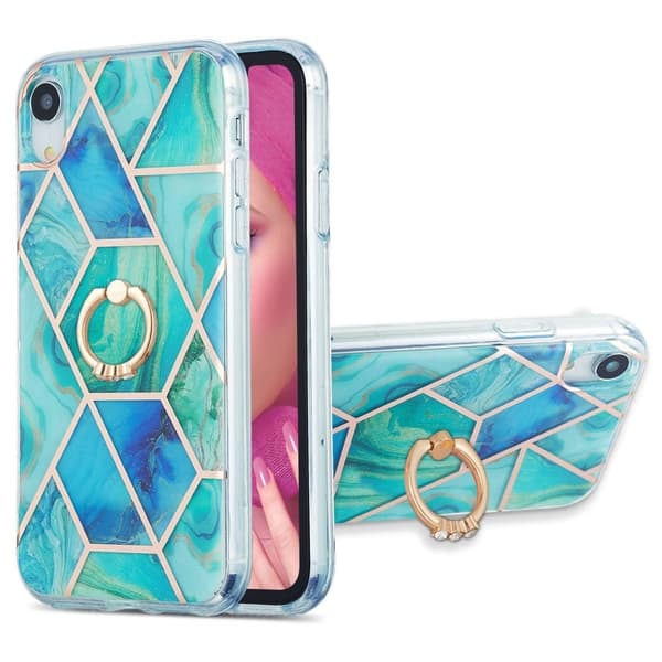 Marmormønstret cover med ringholder til iPhone Xr - Grøn Green