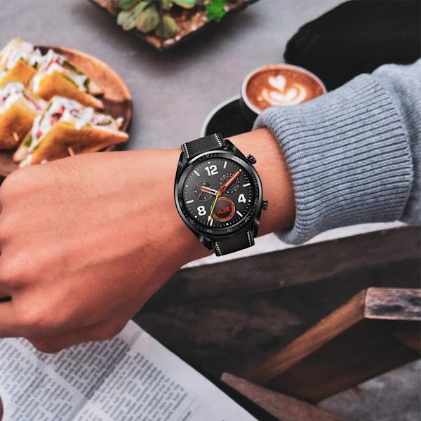 Huawei Watch GT / 2 / Watch Magic ægte læder Urrem - Sort / Sort Black