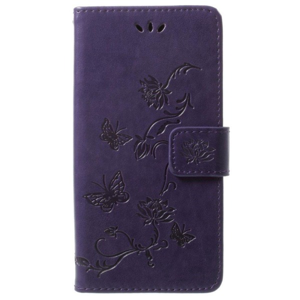 Samsung Galaxy S9 stemplet sommerfugl Blomster PU læder flip etui - Mørkelilla Purple