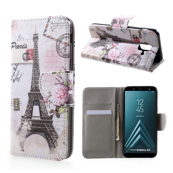 Samsung Galaxy A6 Kuvallinen PU Nahka Seisova Lompakko Kuori - Eiffel Torni Multicolor