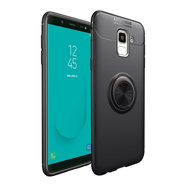 Samsung Galaxy J6 (2018) Mobiilirenkaalla Varustettu Muovi Takasuoja Kuori Magneetilla - Musta Black