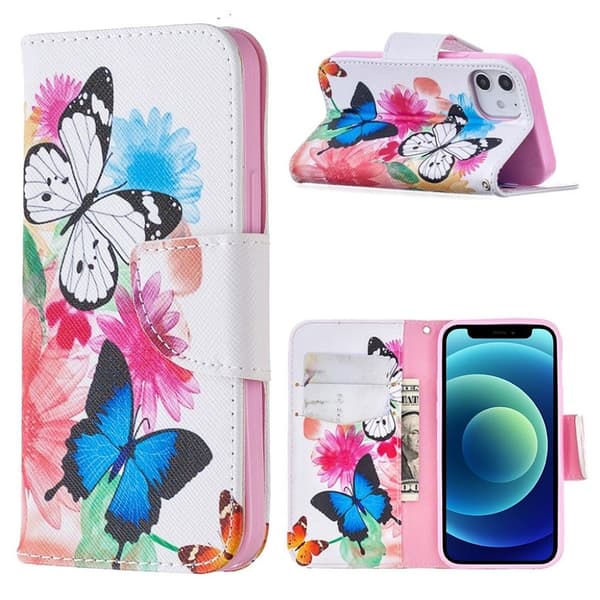 Wonderland iPhone 12 Mini flip etui - Levende Sommerfugle Multicolor