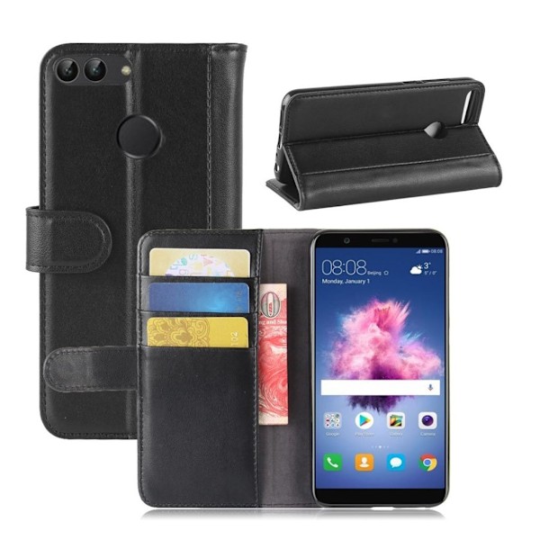 Huawei P Smart etui i ægte læder med kortholder - Sort Black