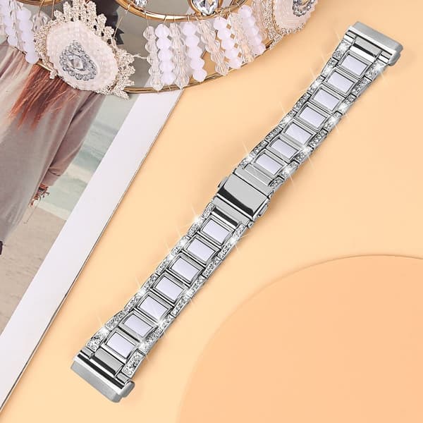 Fitbit Sense / Versa 3 klockarmband med strassdekor i hartsblock - Silver / Vit Silvergrå