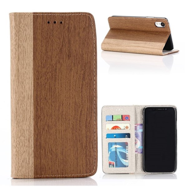 iPhone Xr flip cover i læder med træstruktur - Brun Brown