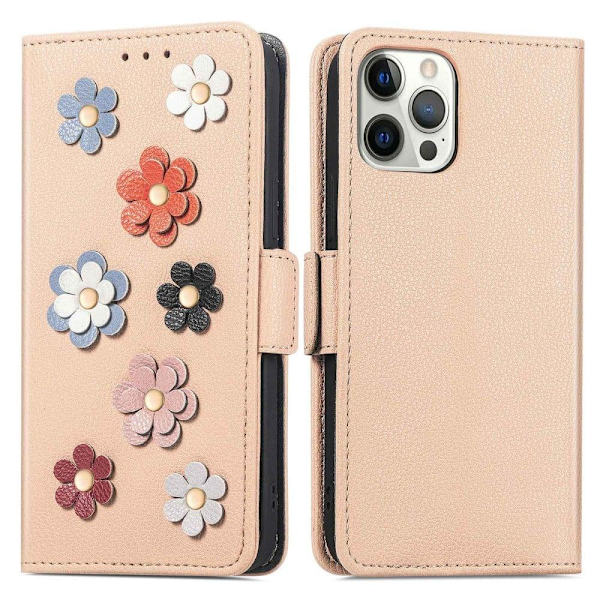 Blødt iPhone 13 Pro læderetui med blomsterdekoration - Brun Brown
