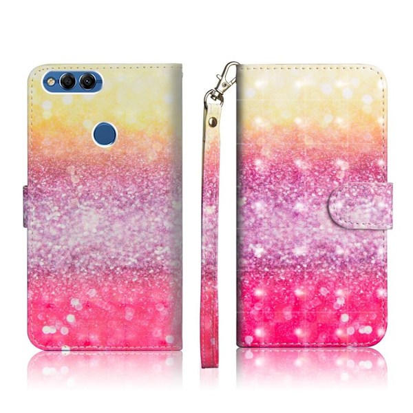 Huawei P Smart beskyttelsesetui i kunstlæder med printet mønster samt pung - Glitter element Multicolor