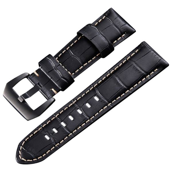 24 mm universalrem i ægte læder i retrostil - Sort Bambus / Sort Black