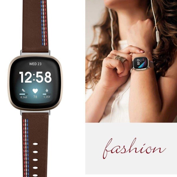 Fitbit Sense / Versa 3 urrem i ægte læder med tre syede linjer - Kaffe Brown